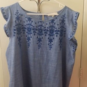 LOFT Blue Embroidered Cap Flutter Sleeve Top